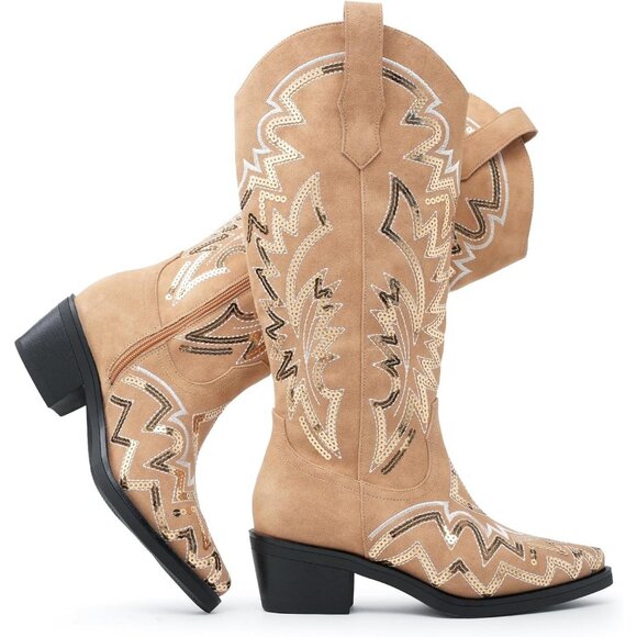 Women's Light Brown Classic Embroidered Sequin Mid Calf Western Chunky Boots - Picture 5 of 6